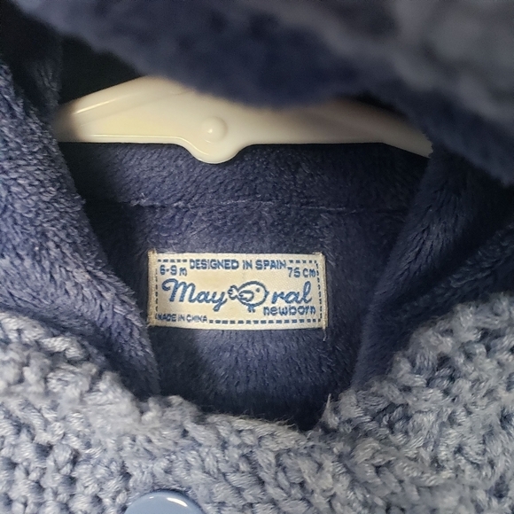 Mayoral Baby Girl 6-9 Months Blue Knit Sweater Cardigan Hooded Faux Fur Pom Pom - Picture 5 of 8